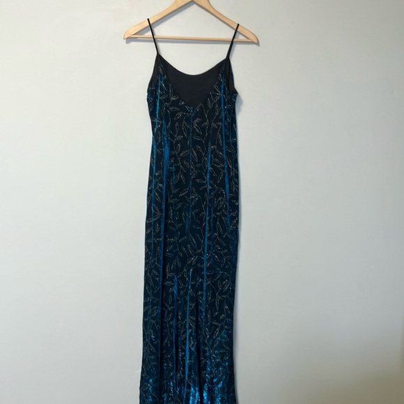 Jessica McClintock Gunne Sax Floral Blue Silver Iridescent Maxi Slip Dress - Picture 2 of 6